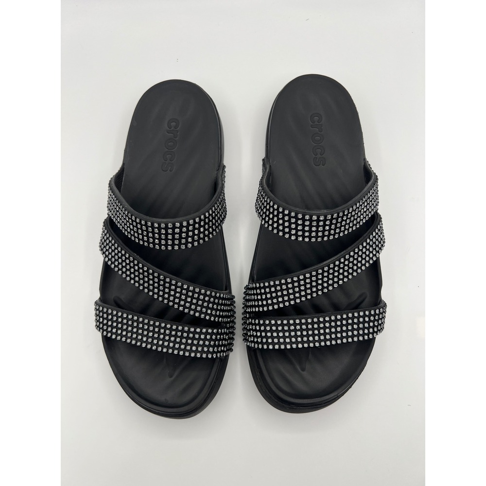Crocs Brooklyn Strappy Low Wedge Sandals Black Rhinestone Slide Womens Size 9